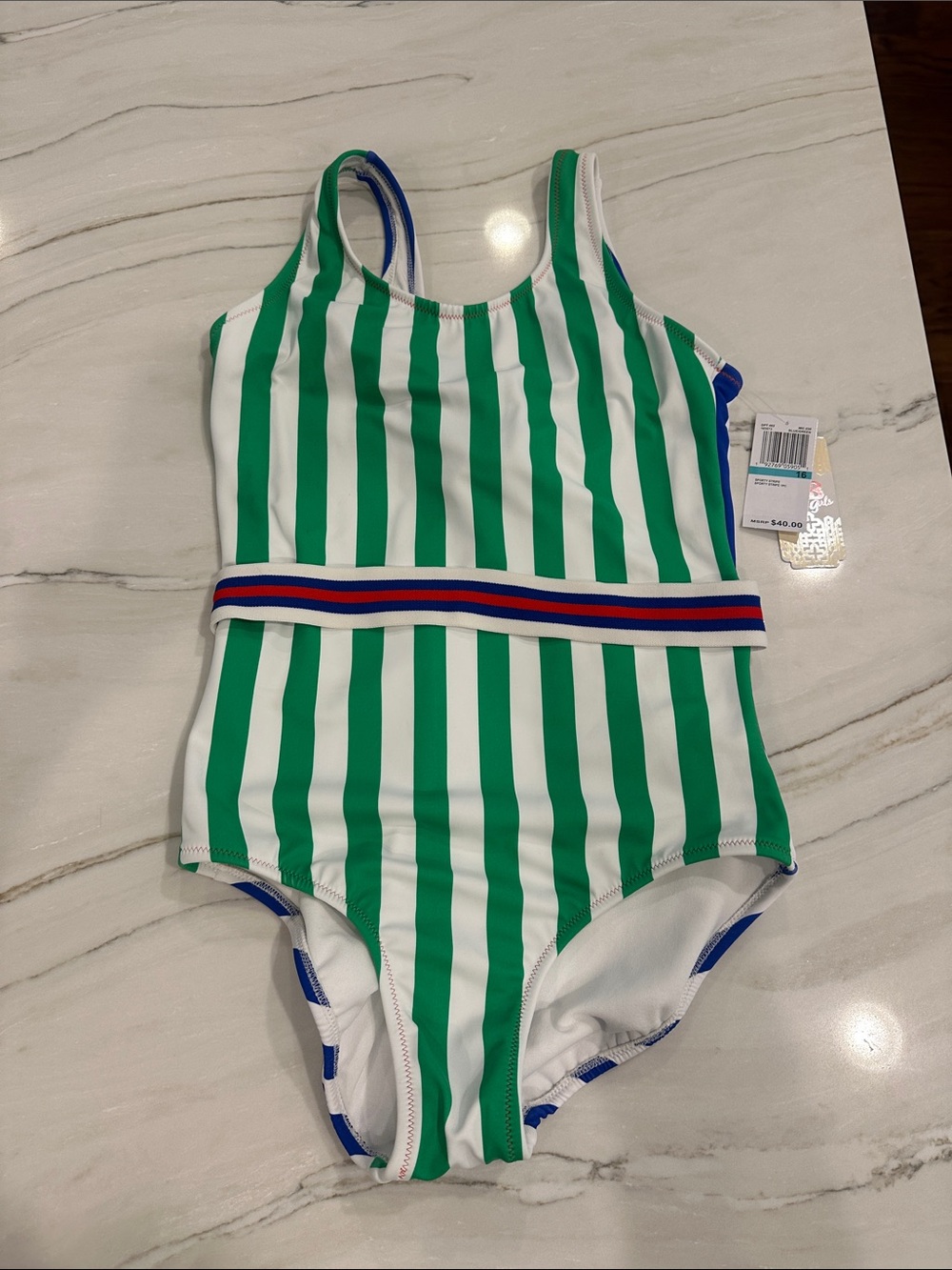 NWT GB girls Green & White Striped One-Piece Swimsuit with Tricolor Waistband